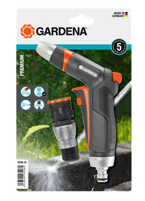 MAT - Accessoire Matériel - MAT006 - GARDENA - Pistolet de Nettoyage + Raccord aquastop Premium. Jet concentré et jet de brume, réglage progressif de la forme du jet. Poignée ergonomique. Tête d'arrosage et embout en métal. Contenu : 18305 + 18253